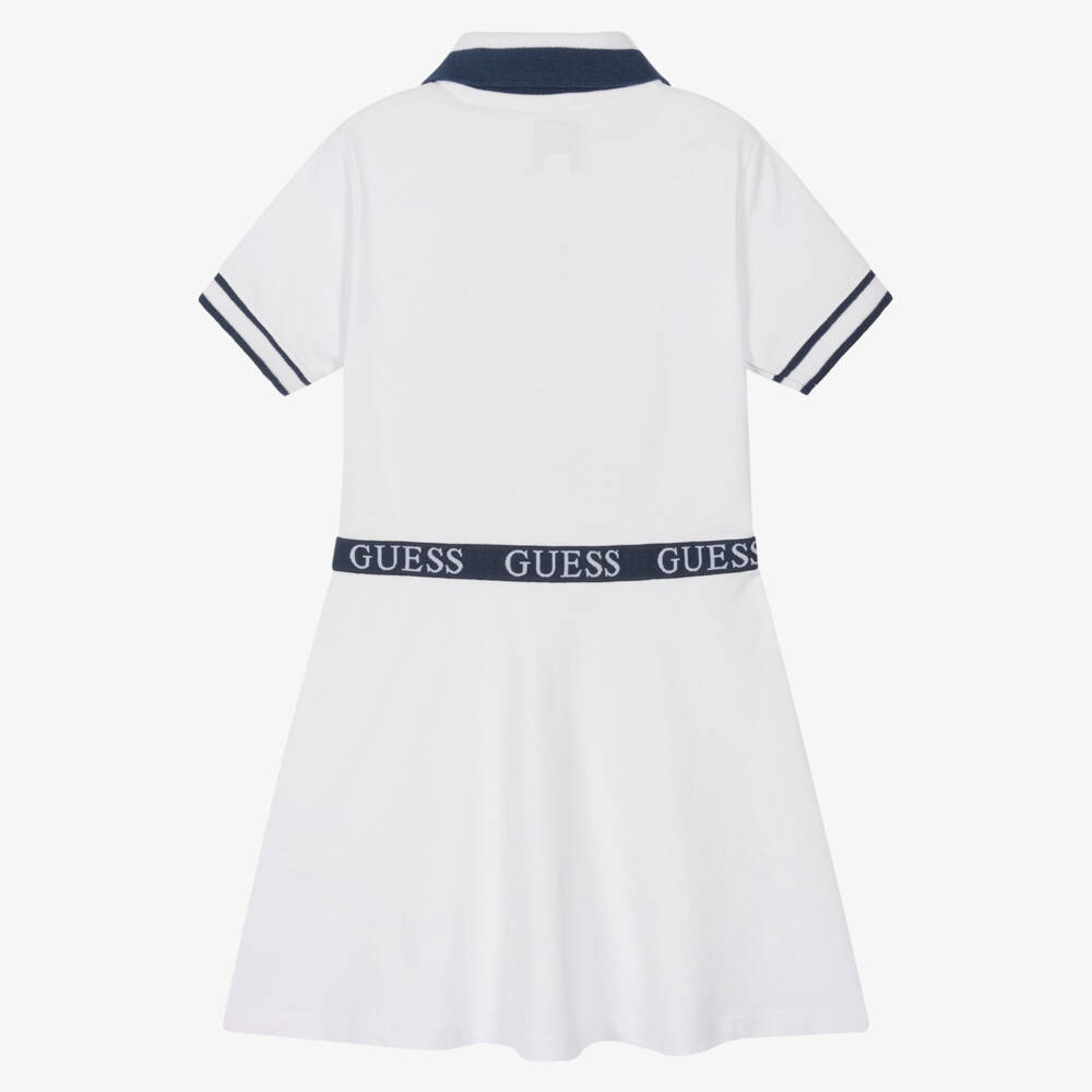 Guess-Платье рубашка поло белое из хлопкового пике с нашивкой мишки для девочек | Childrensalon