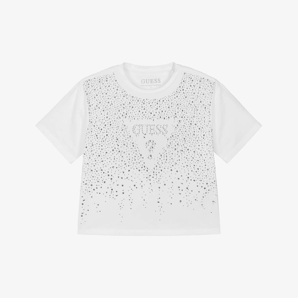 Guess-Girls White Cotton & Rhinestone Logo T-Shirt | Childrensalon