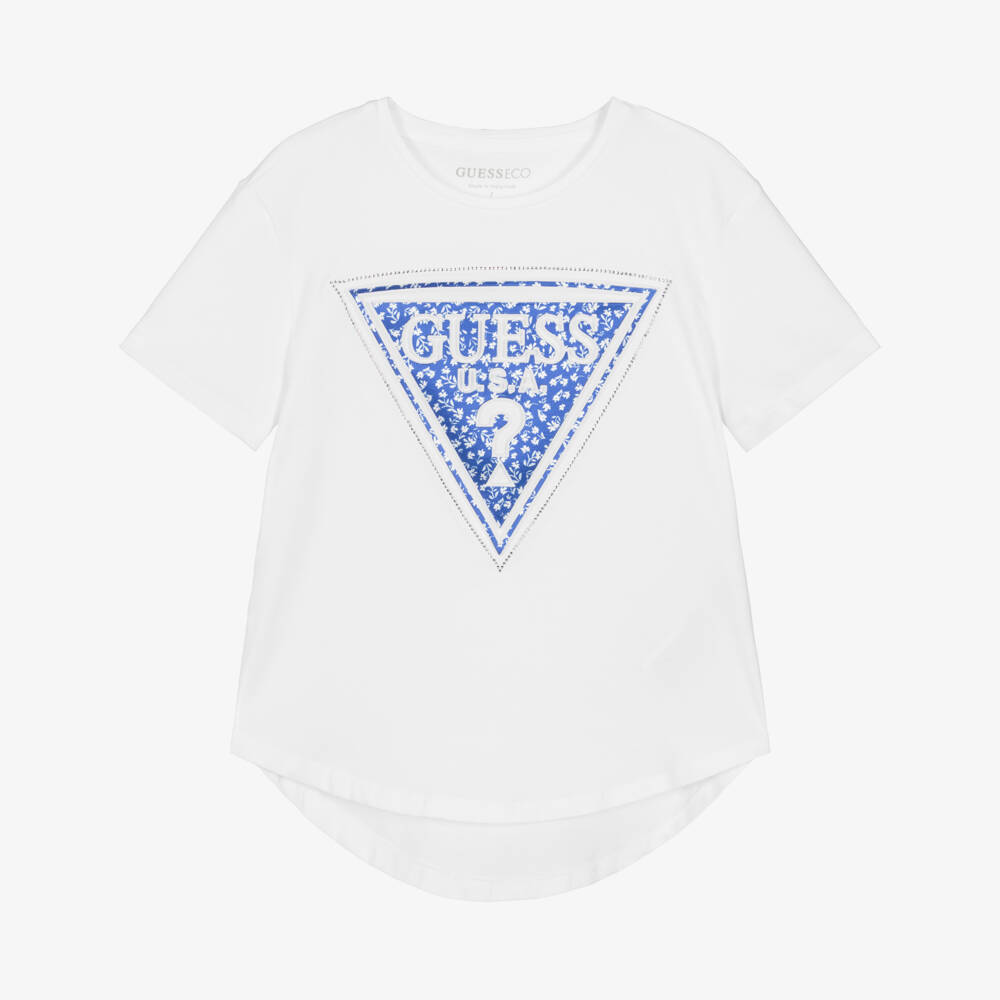 Guess-Girls White Cotton T-Shirt with Blue Floral Triangle Logo | Childrensalon