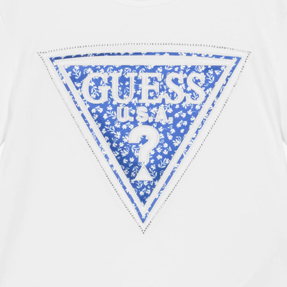 Guess-Girls White Cotton T-Shirt with Blue Floral Triangle Logo | Childrensalon