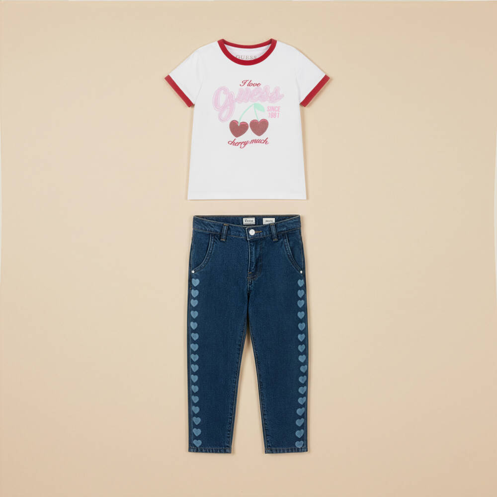 Guess-Girls White Cotton T-Shirt with Cherry Hearts | Childrensalon