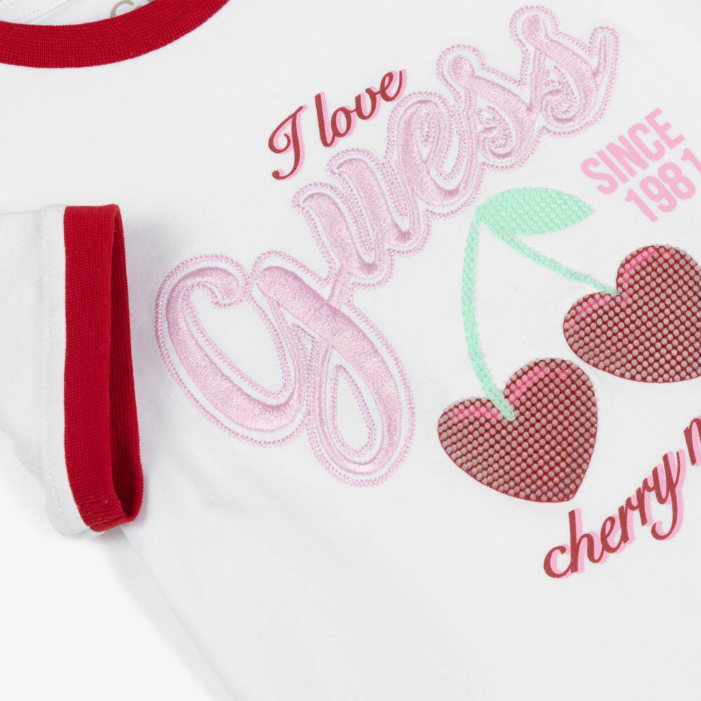 Guess-Girls White Cotton T-Shirt with Cherry Hearts | Childrensalon