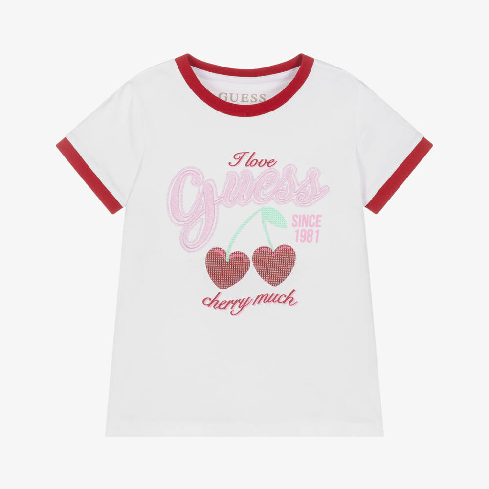 Guess-Girls White Cotton T-Shirt with Cherry Hearts | Childrensalon