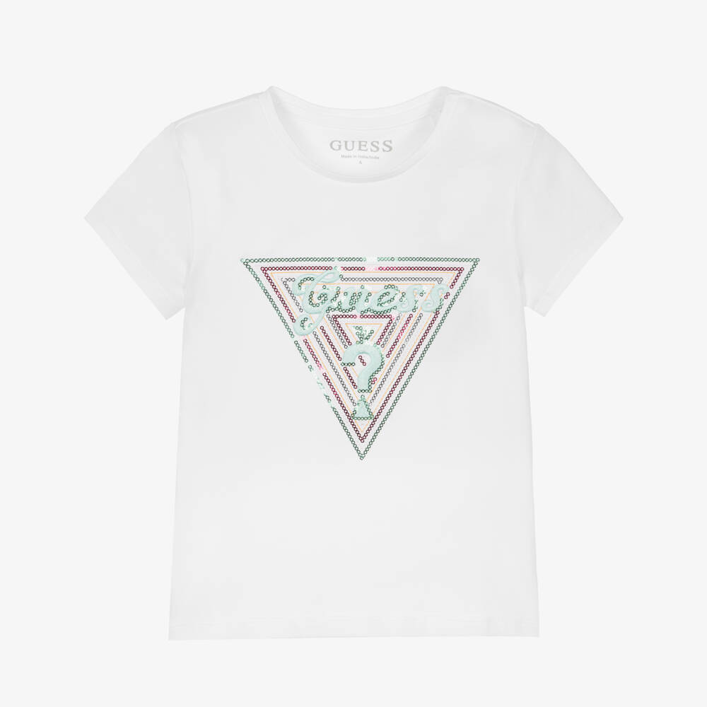 Guess-Girls White Cotton T-Shirt with Sequinned Triangle Logo | Childrensalon