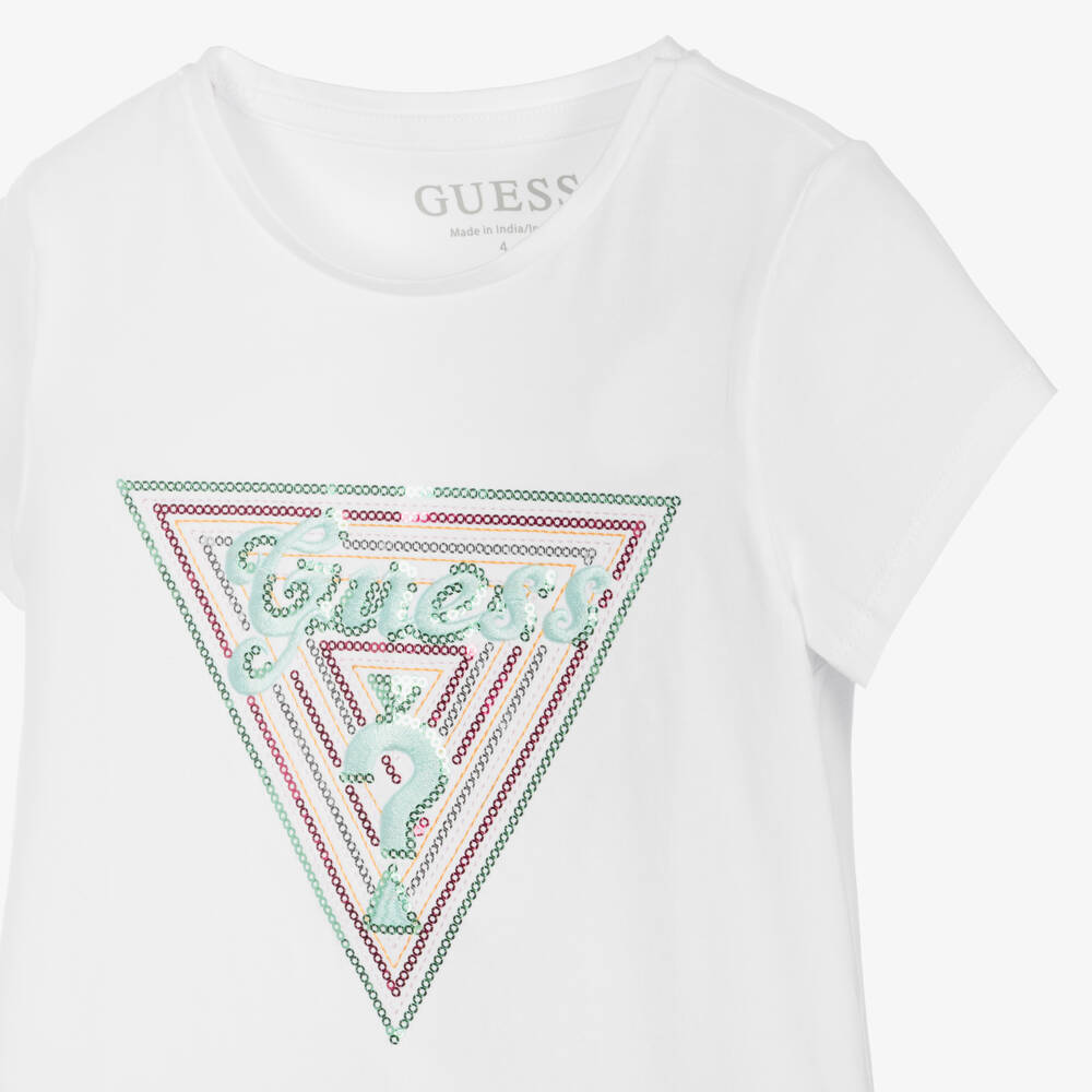 Guess-تيشيرت قطن بشعار مثلث مرصع بالترتر لون أبيض للبنات | Childrensalon