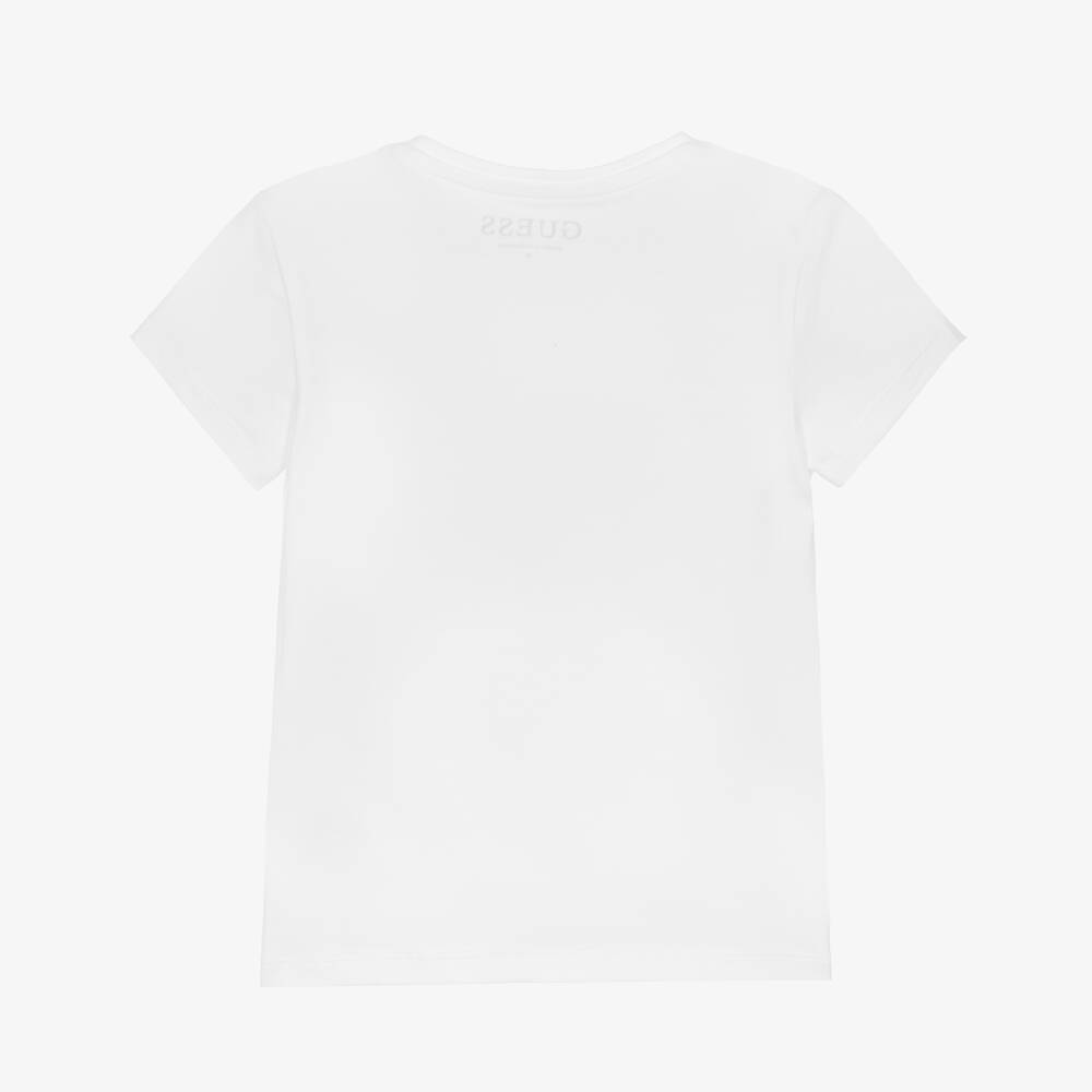 Guess-تيشيرت قطن بشعار مثلث مرصع بالترتر لون أبيض للبنات | Childrensalon