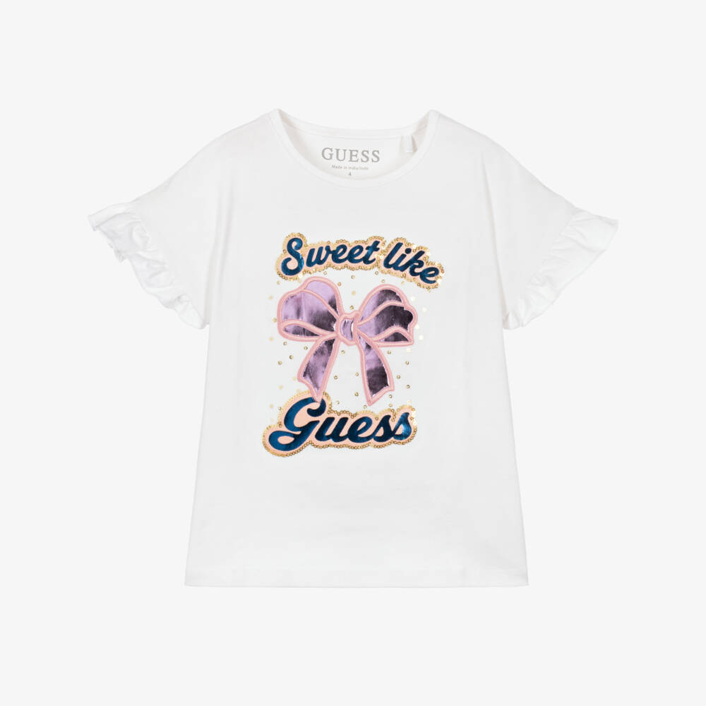 Guess-Girls White Cotton T-Shirt with Shiny Pink Bow | Childrensalon