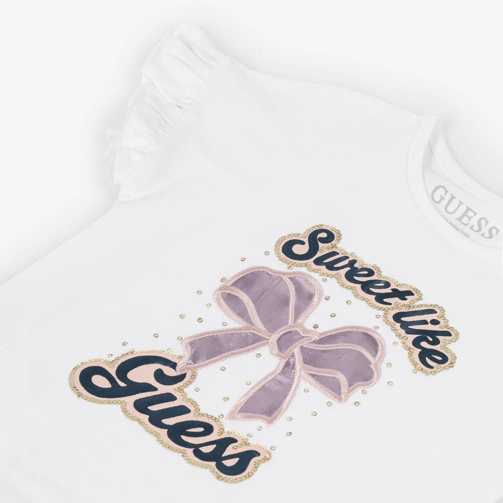 Guess-Girls White Cotton T-Shirt with Shiny Pink Bow | Childrensalon