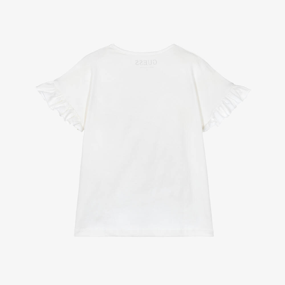 Guess-Girls White Cotton T-Shirt with Shiny Pink Bow | Childrensalon