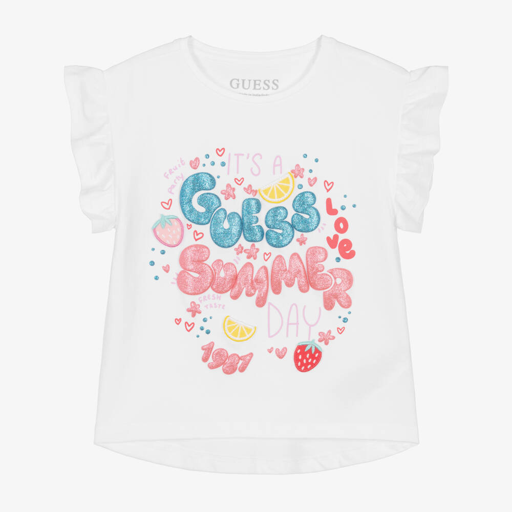Guess-Girls White Cotton T-Shirt with Summer Theme | Childrensalon