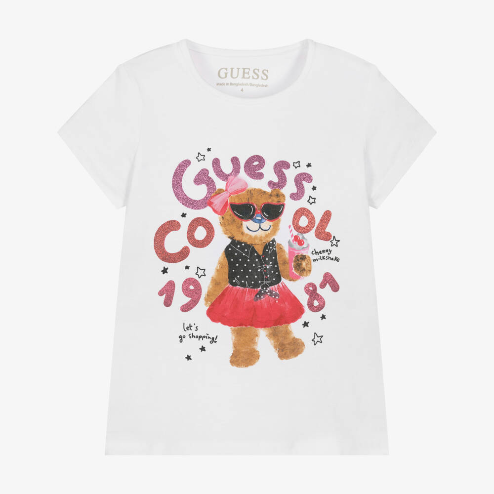 Guess-Girls White Cotton T-Shirt with Teddy & Milkshake | Childrensalon