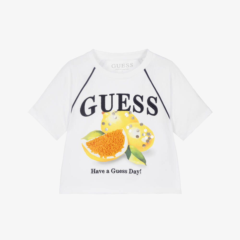 Guess-Girls White Cotton Top with Lemon Print | Childrensalon