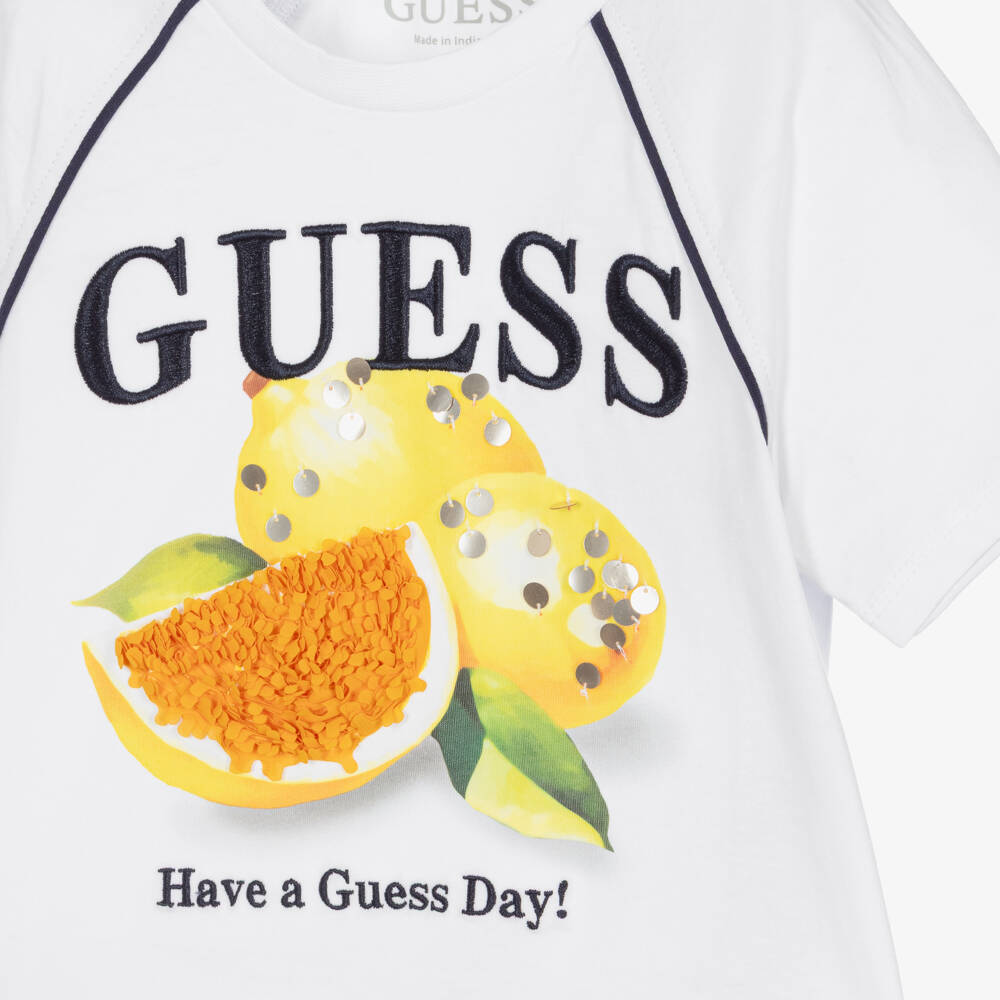 Guess-Girls White Cotton Top with Lemon Print | Childrensalon