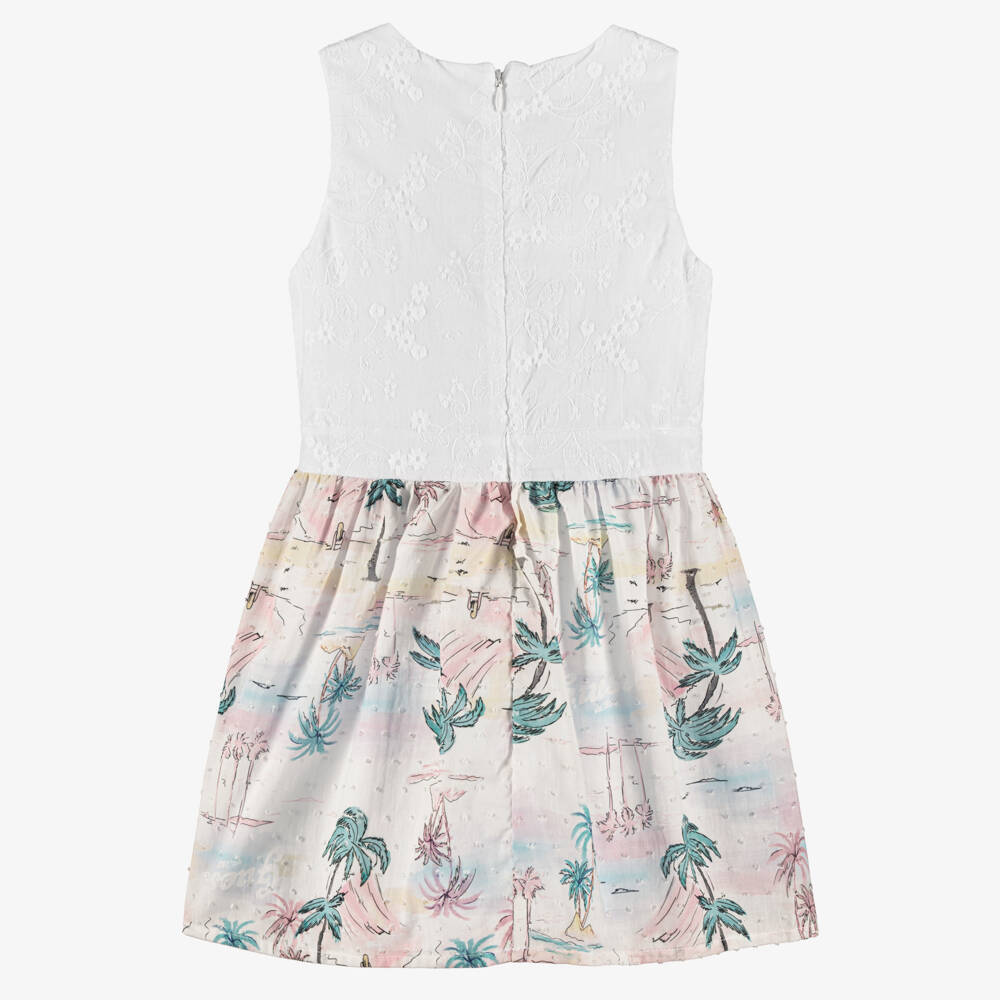Guess-Girls White Embroidered & Pink Tropical Print Cotton Dress | Childrensalon