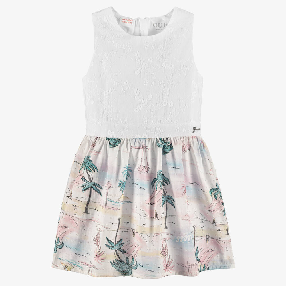 Guess-Girls White Embroidered & Pink Tropical Print Cotton Dress | Childrensalon