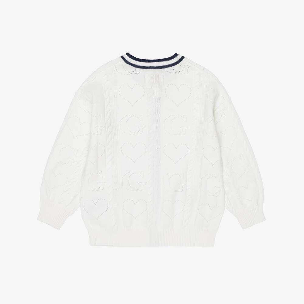 Guess-Girls White Heart Knit Cardigan with Blue Stripe Trims | Childrensalon