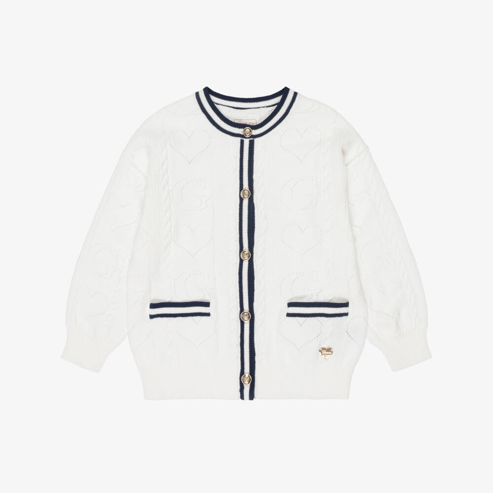 Guess-Girls White Heart Knit Cardigan with Blue Stripe Trims | Childrensalon