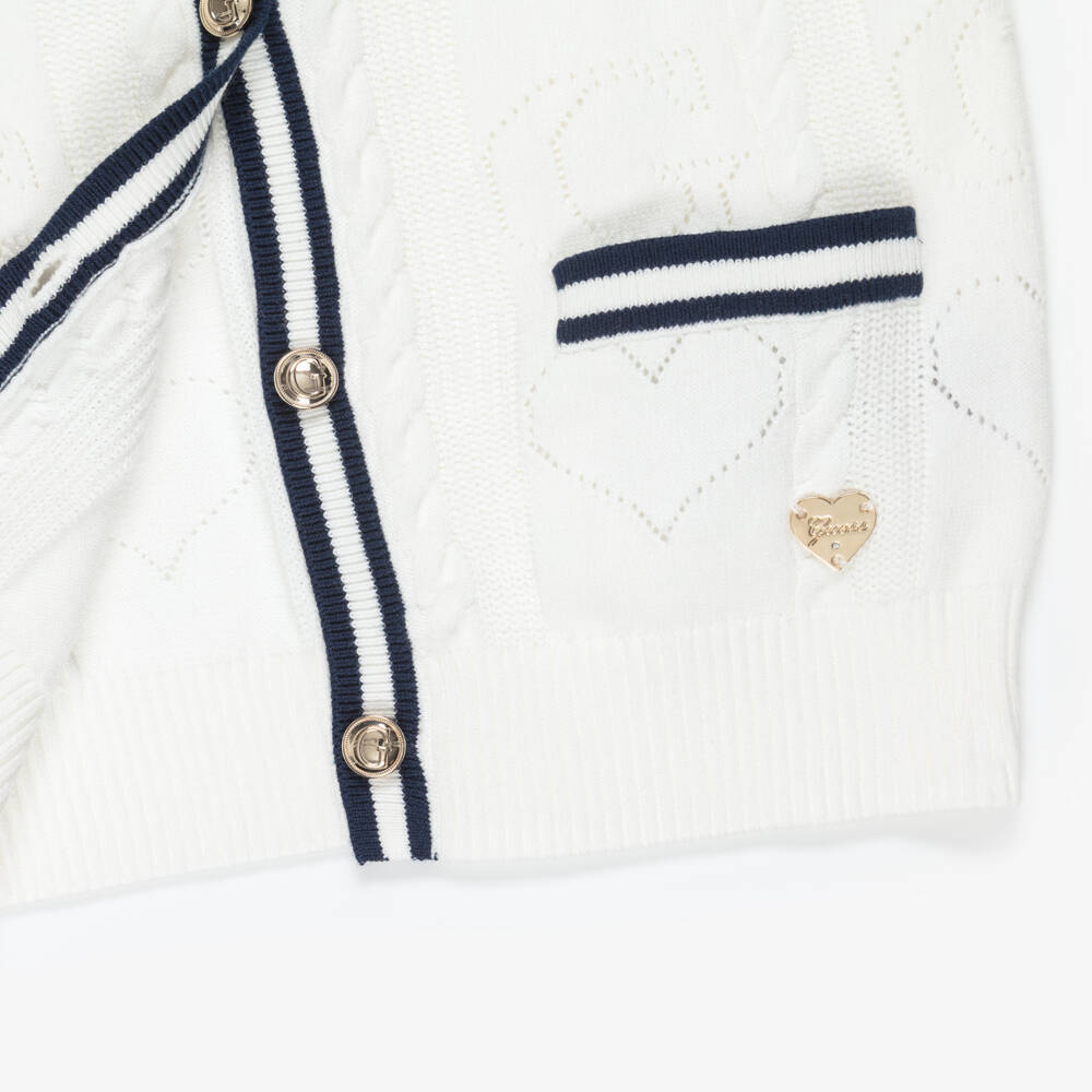 Guess-Girls White Heart Knit Cardigan with Blue Stripe Trims | Childrensalon