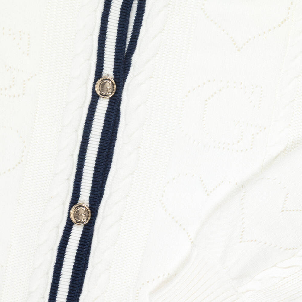 Guess-Girls White Heart Knit Cardigan with Blue Stripe Trims | Childrensalon