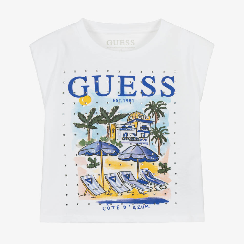 Guess-Girls White Holiday Motif T-Shirt with Sparkly Diamantés | Childrensalon