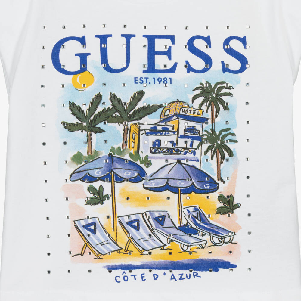 Guess-Girls White Holiday Motif T-Shirt with Sparkly Diamantés | Childrensalon