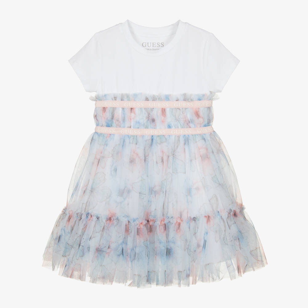 Guess-Girls White Jersey & Blue Butterfly Tulle Dress | Childrensalon