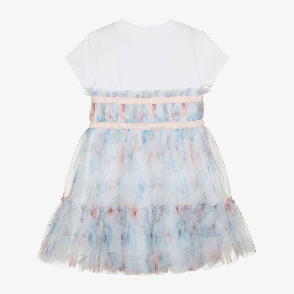 Guess-Girls White Jersey & Blue Butterfly Tulle Dress | Childrensalon