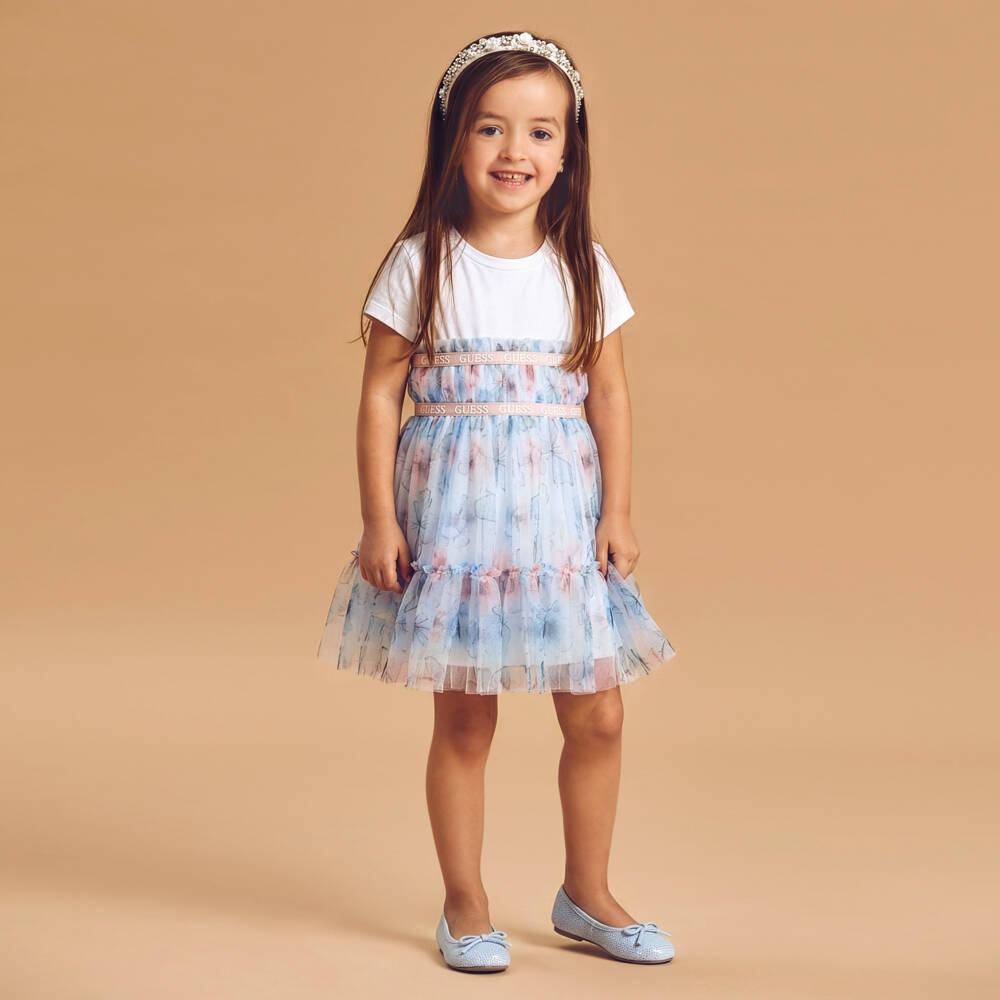 Guess-Girls White Jersey & Blue Butterfly Tulle Dress | Childrensalon