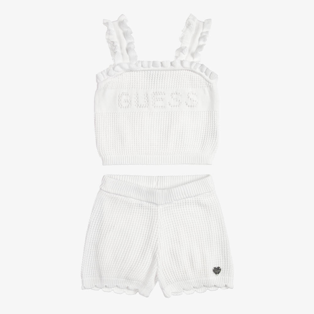 Guess-Girls White Knitted Cotton Logo Shorts Set | Childrensalon