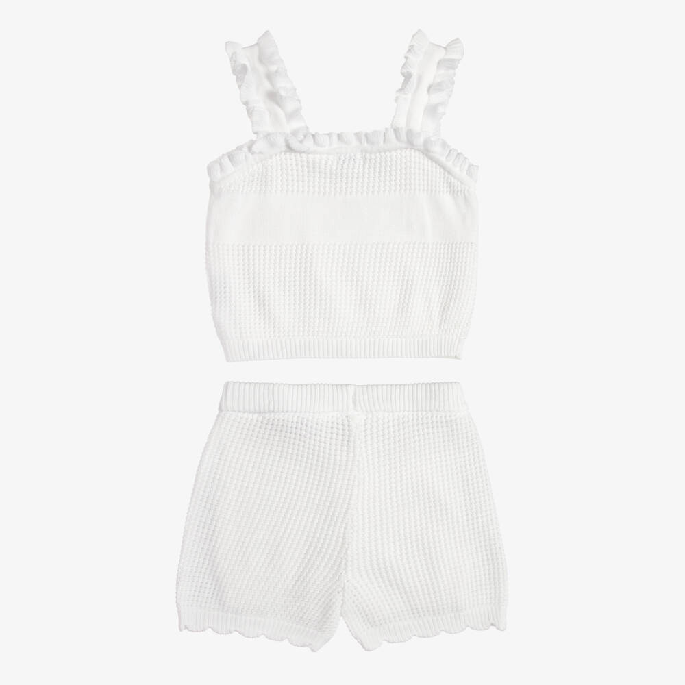 Guess-طقم شورت بشعار قطن محبوك لون أبيض للبنات | Childrensalon