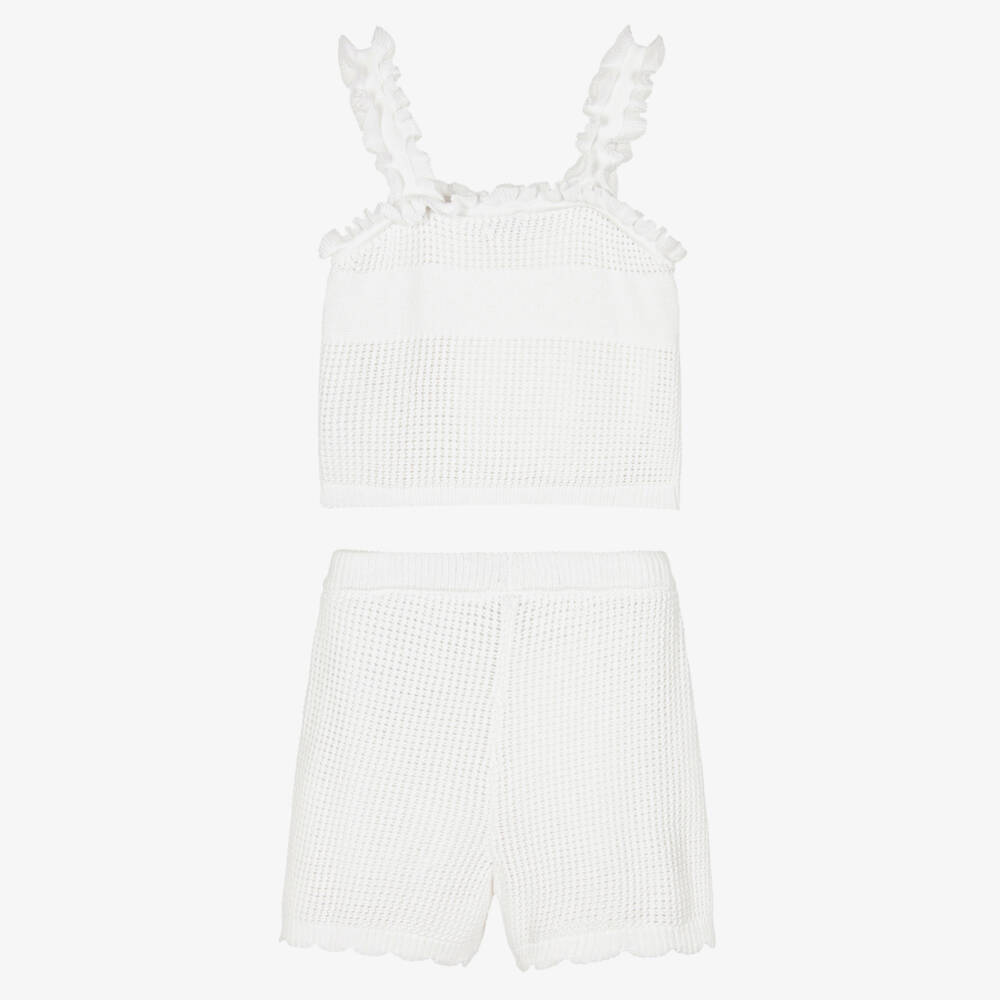 Guess-Girls White Knitted Cotton Logo Shorts Set | Childrensalon
