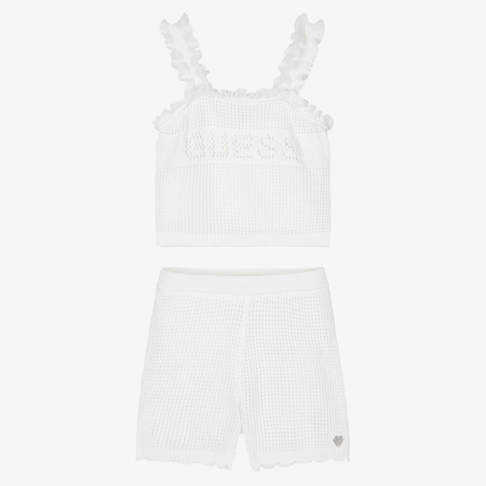 Guess-Girls White Knitted Cotton Logo Shorts Set | Childrensalon
