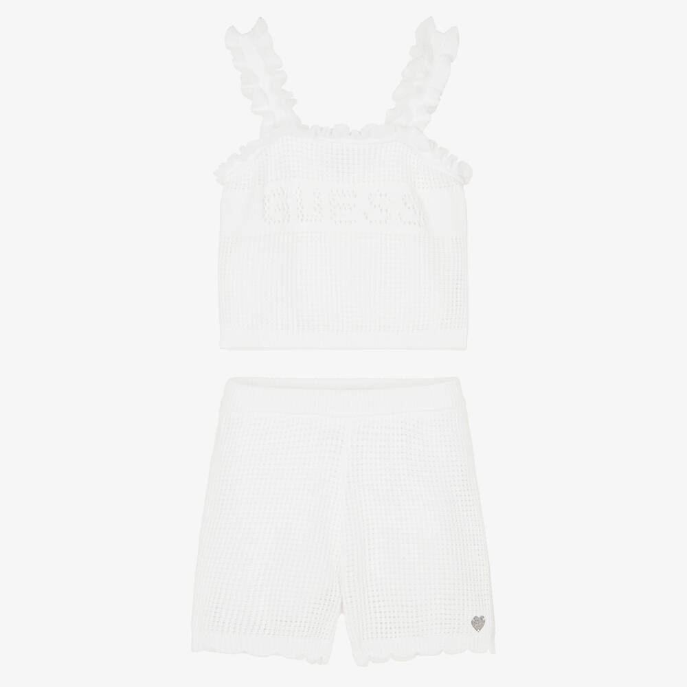 Guess-Girls White Knitted Cotton Logo Shorts Set | Childrensalon