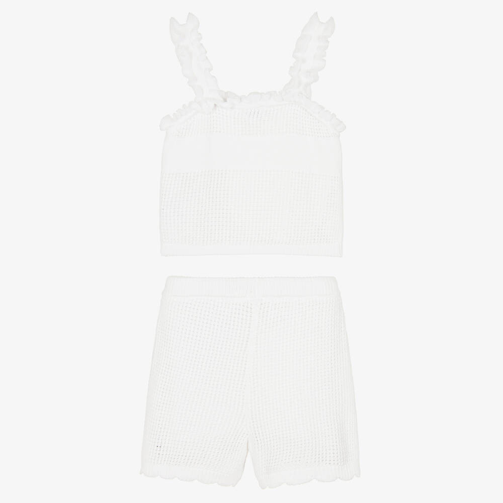 Guess-Girls White Knitted Cotton Logo Shorts Set | Childrensalon