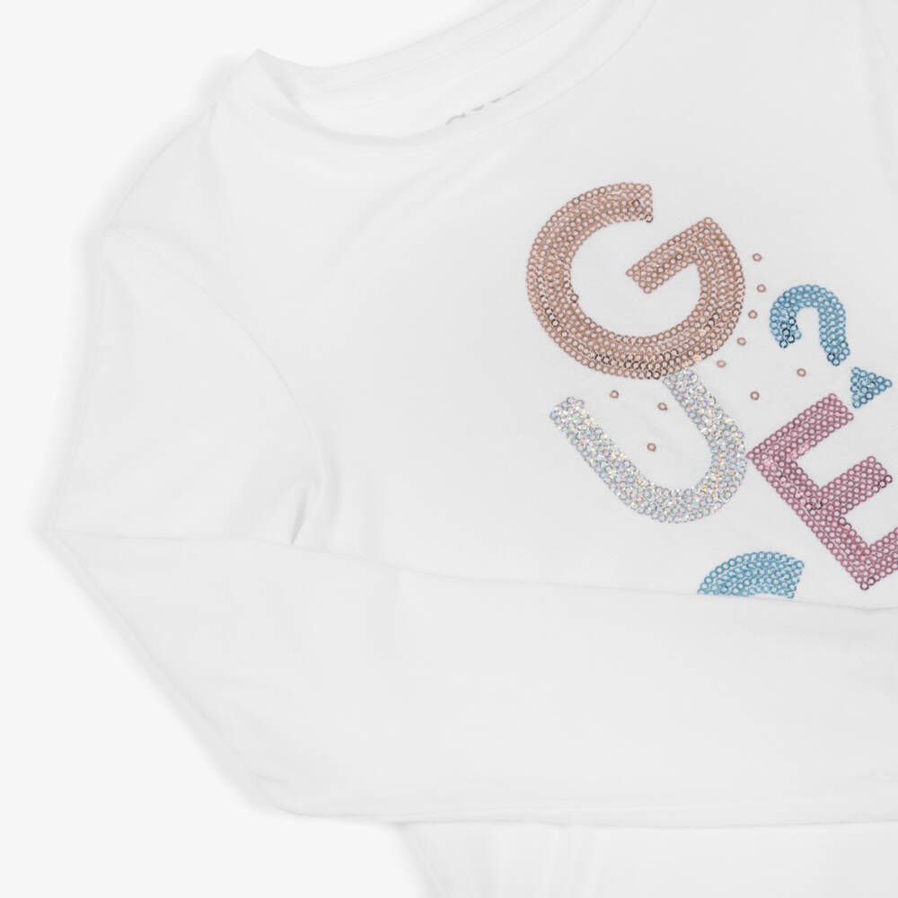 Guess-Girls White Lenzing Sequin Logo Top | Childrensalon