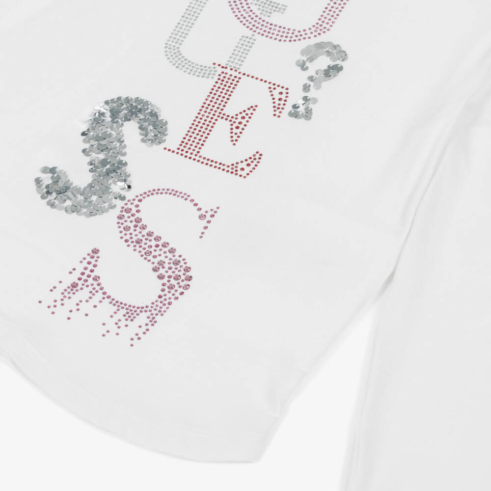 Guess-Girls White Logo Top with Pink Diamantés & Sequins | Childrensalon