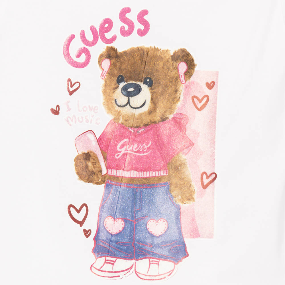 Guess-Girls White Long Sleeve Top with Bear Print | Childrensalon
