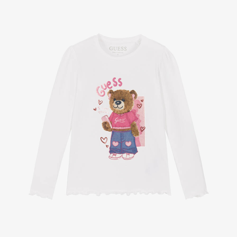 Guess-Girls White Long Sleeve Top with Bear Print | Childrensalon