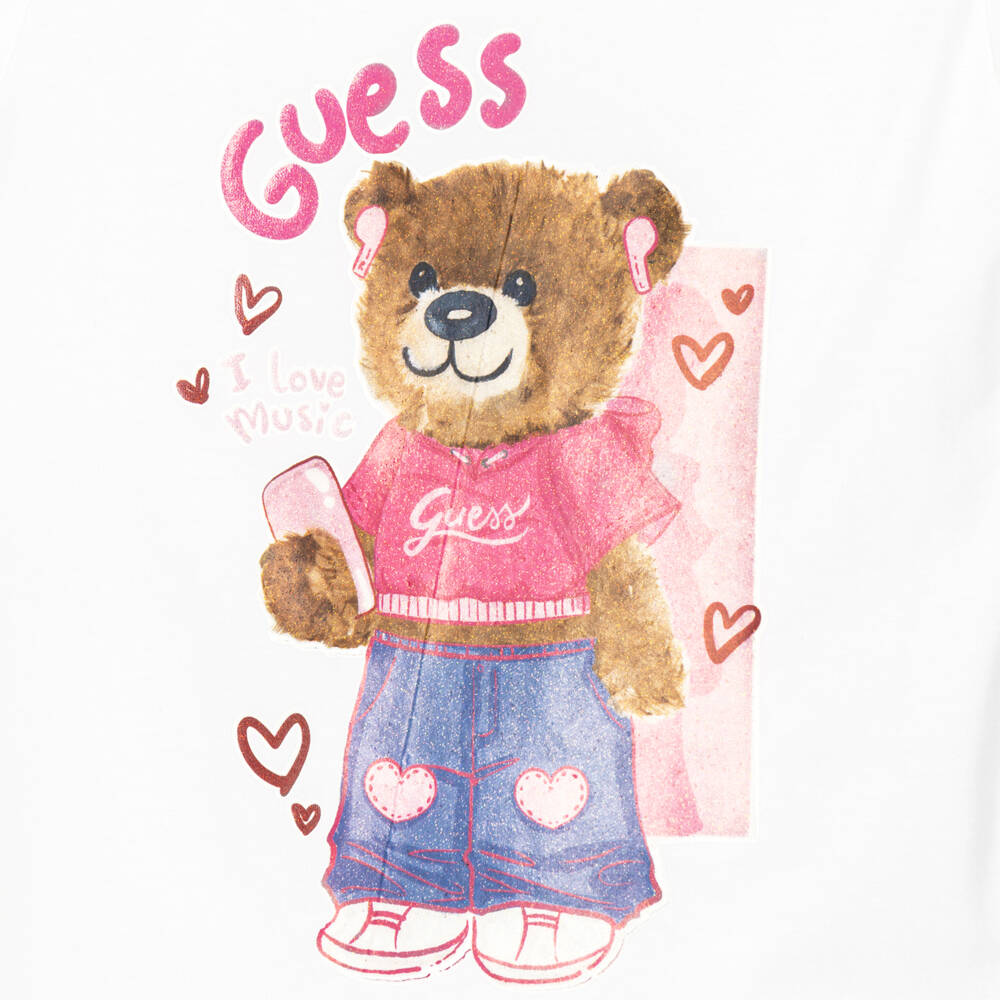 Guess-Girls White Long Sleeve Top with Bear Print | Childrensalon