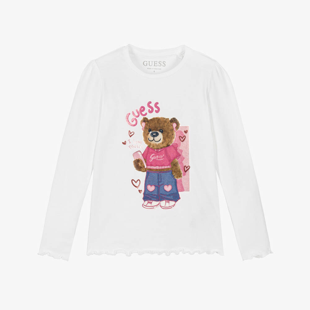 Guess-Girls White Long Sleeve Top with Bear Print | Childrensalon