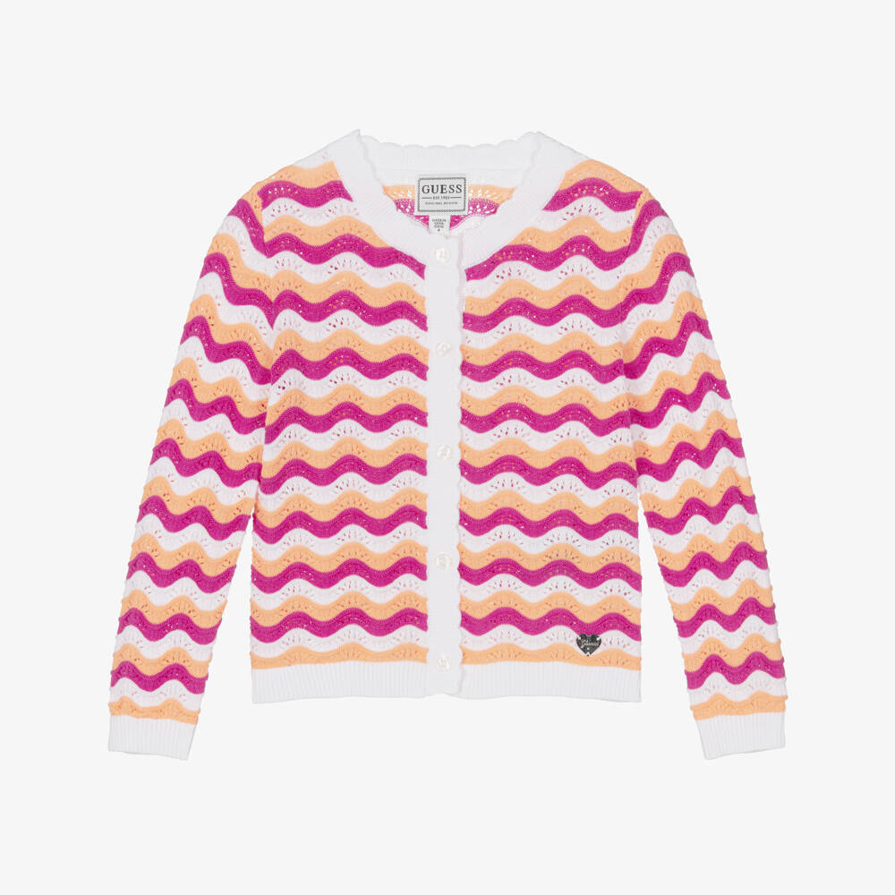 Guess-Girls White & Pink Cotton Knit Cardigan | Childrensalon