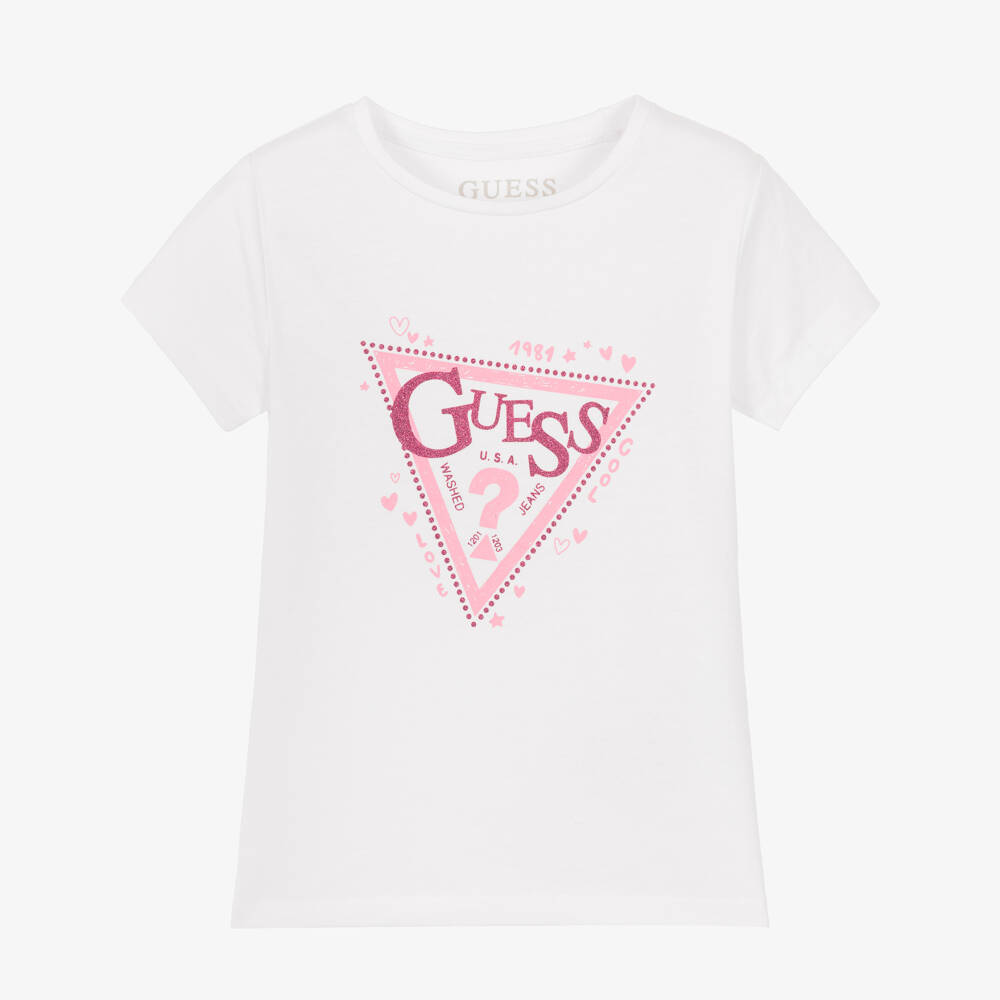 Guess-Girls White & Pink Glittery Logo Cotton T-Shirt | Childrensalon