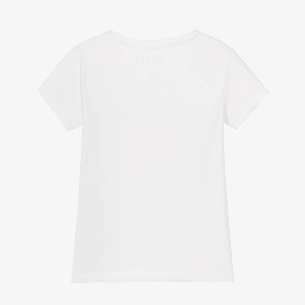 Guess-Girls White & Pink Glittery Logo Cotton T-Shirt | Childrensalon