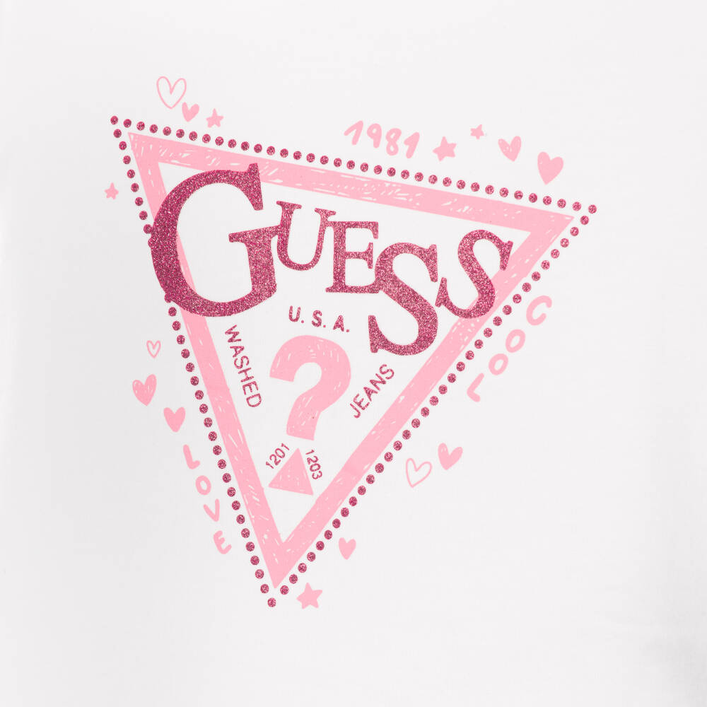 Guess-Girls White & Pink Glittery Logo Cotton T-Shirt | Childrensalon