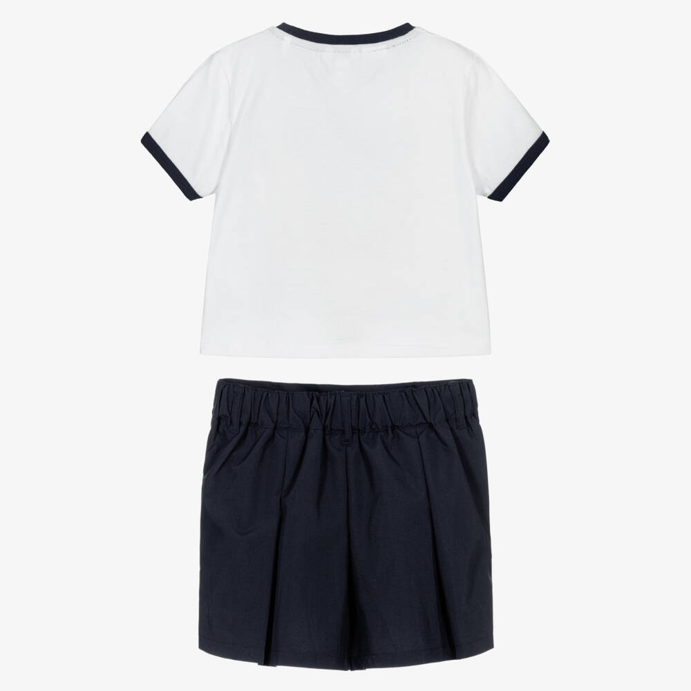 Guess-Girls White T-Shirt & Navy Blue Skirt Set | Childrensalon