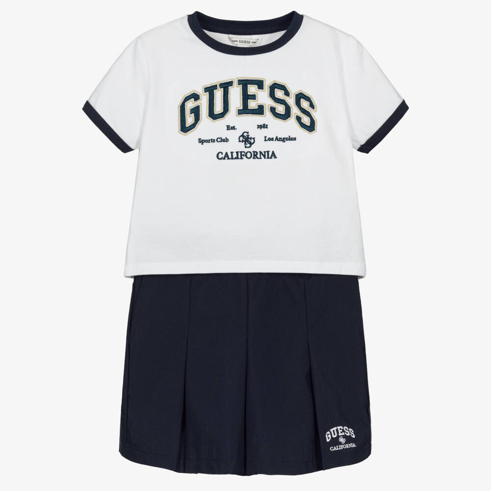 Guess-Girls White T-Shirt & Navy Blue Skirt Set | Childrensalon
