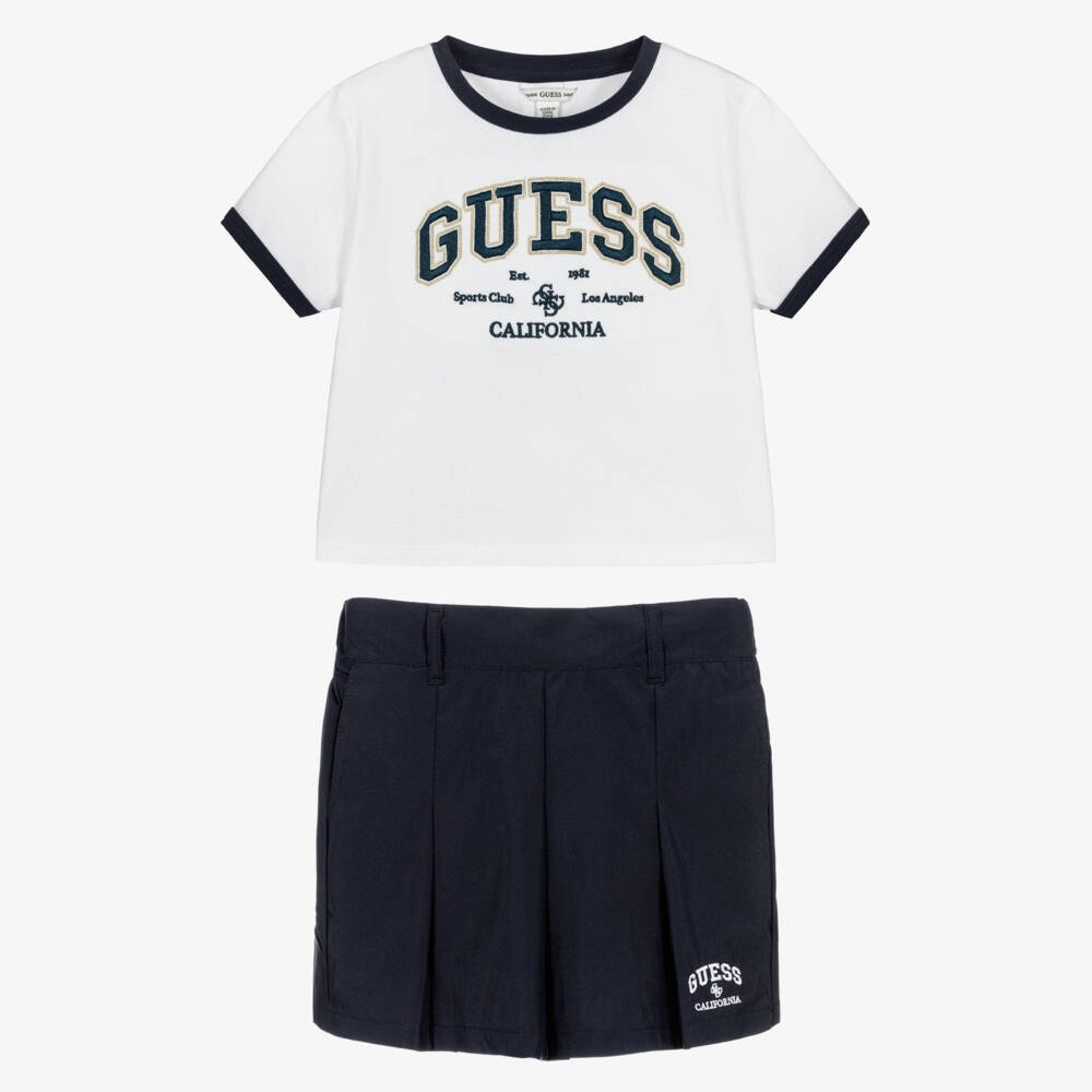 Guess-Girls White T-Shirt & Navy Blue Skirt Set | Childrensalon