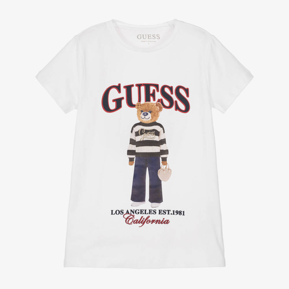 Guess-Girls White T-Shirt with Bear Print | Childrensalon