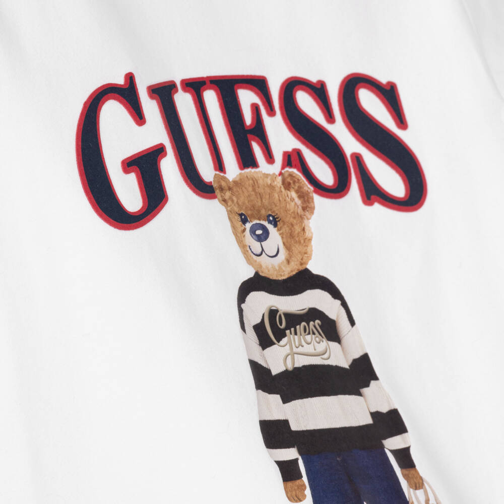 Guess-Girls White T-Shirt with Bear Print | Childrensalon
