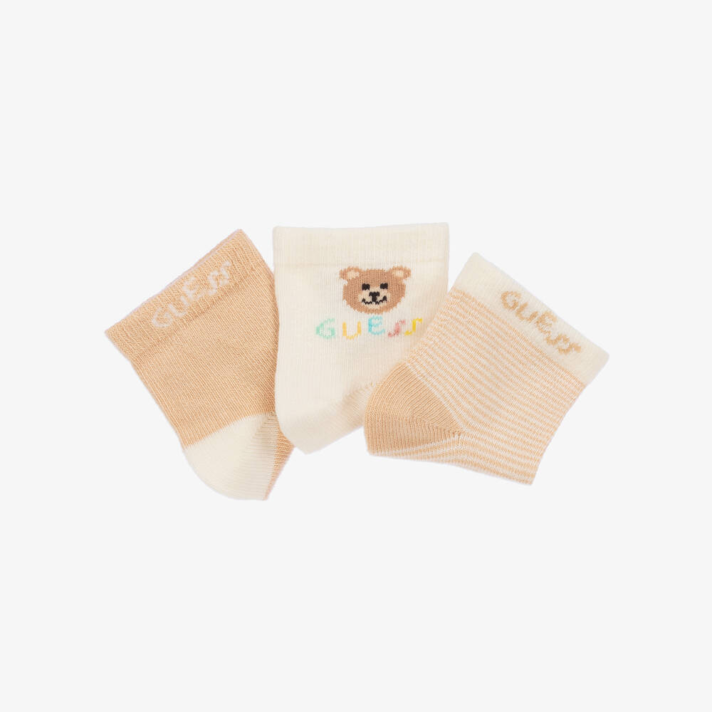 Guess-Ivory & Beige Teddy Bear Socks (3 Pack) | Childrensalon